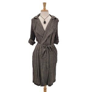 VICI Tie Waist Lightweight Duster Jacket Size S Plaid Gray Roll Tab Sleeve Y2K